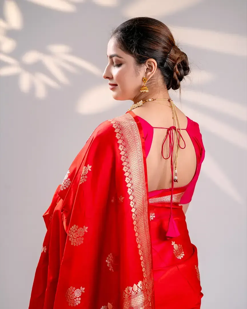 Model in a red saree with a gold border, seen from the back