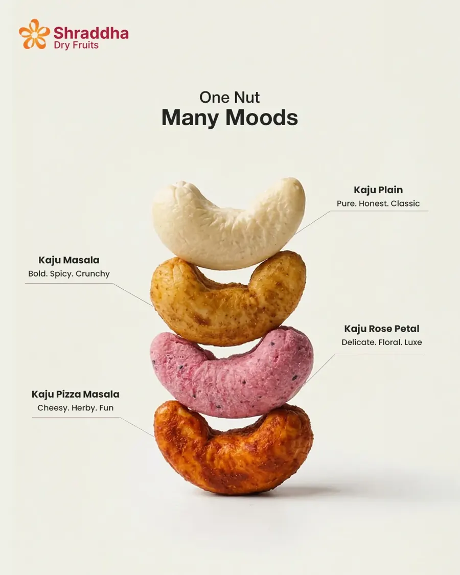 Cashew varieties stacked in a poster, One Nut Many Moods
